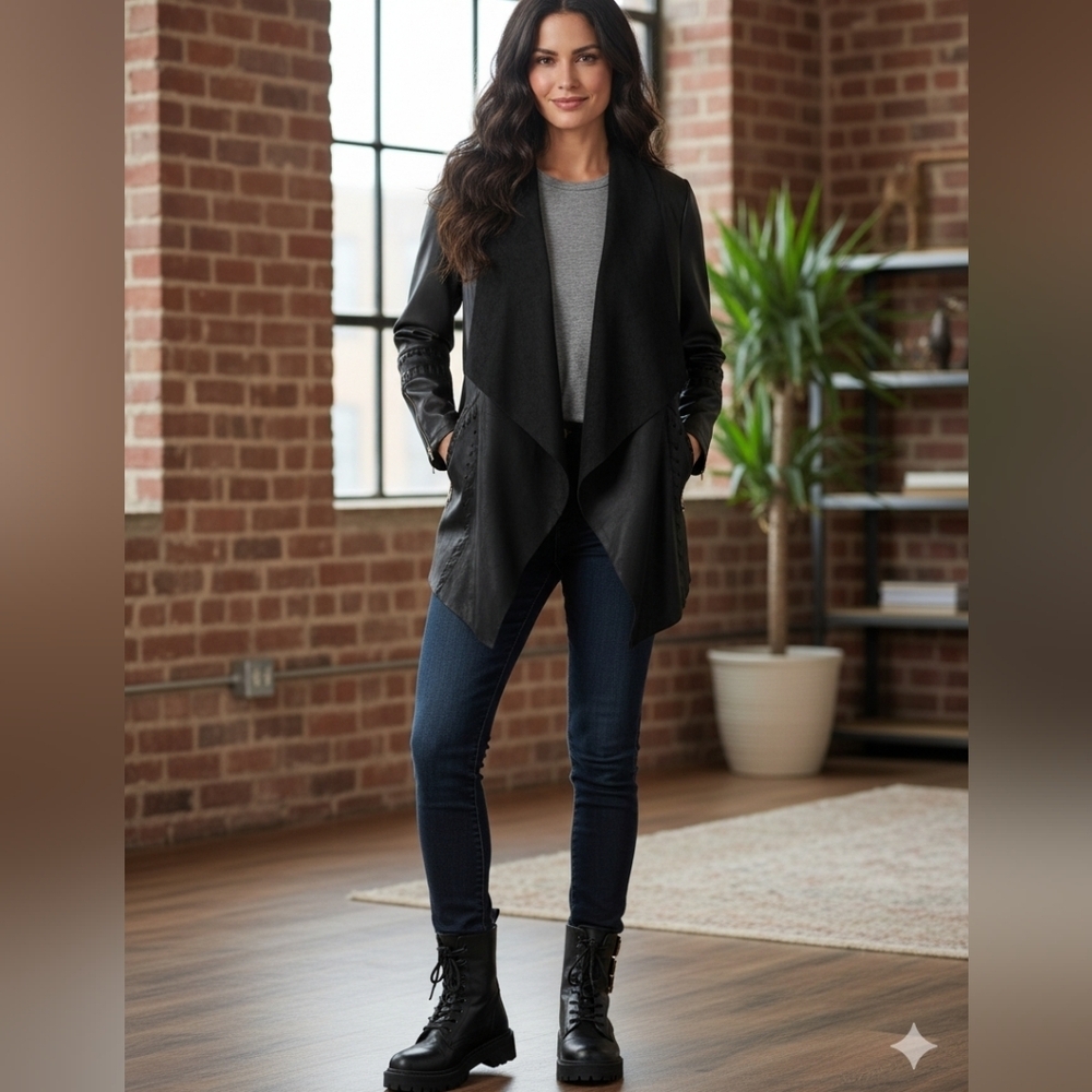 Vici Black Faux Leather‎ and Suede Waterfall Open Jacket Women's Size XS
